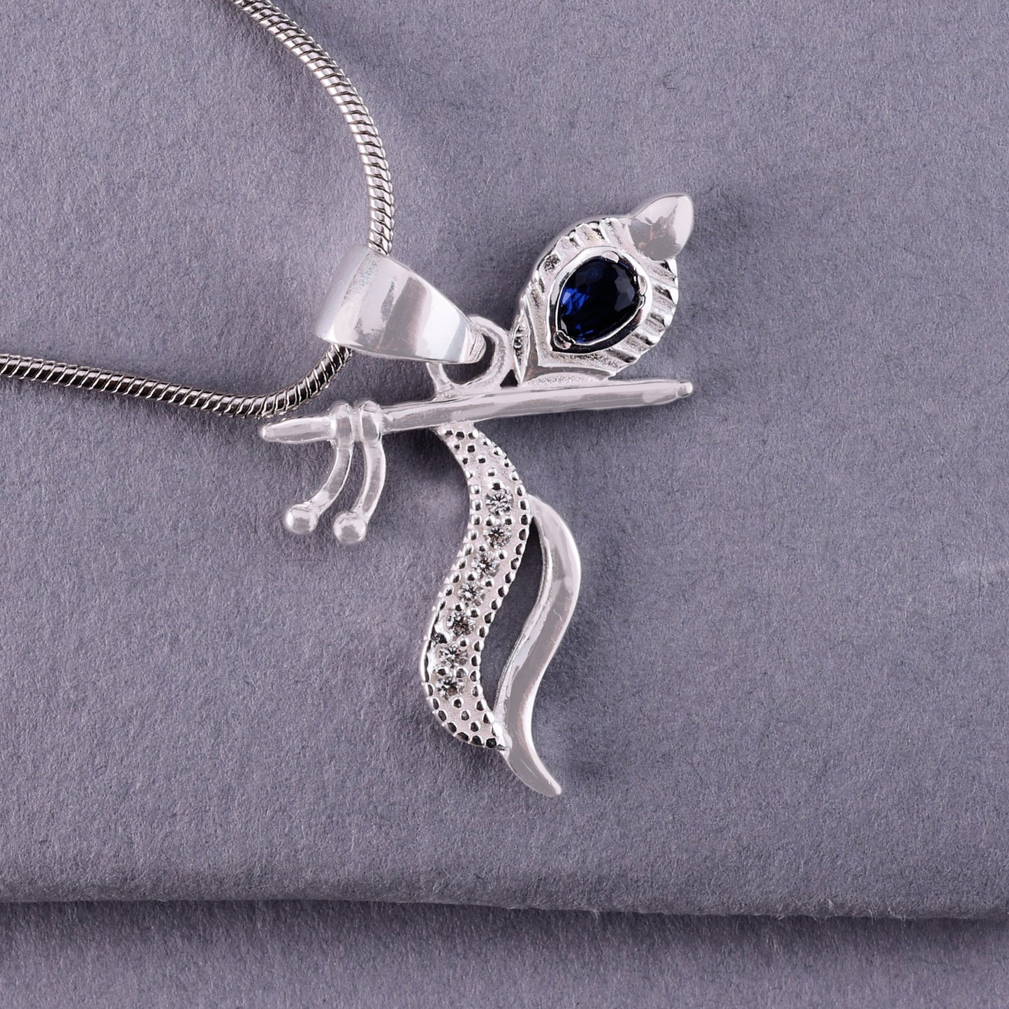 💎 925 Sterling Silver Krishna Feather & Flute Pendant with Blue CZ Stone | Unisex Symbolic Jewelry | Lightweight Daily Wear Pendant with Chain