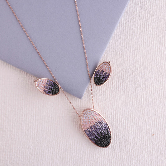 ✨ 925 Sterling Silver Oval Pendant & Earrings Set ✨ 🌹 Rose Gold Finish | Gradient CZ in White, Purple & Black | 🎉 Stylish Party Wear Jewelry