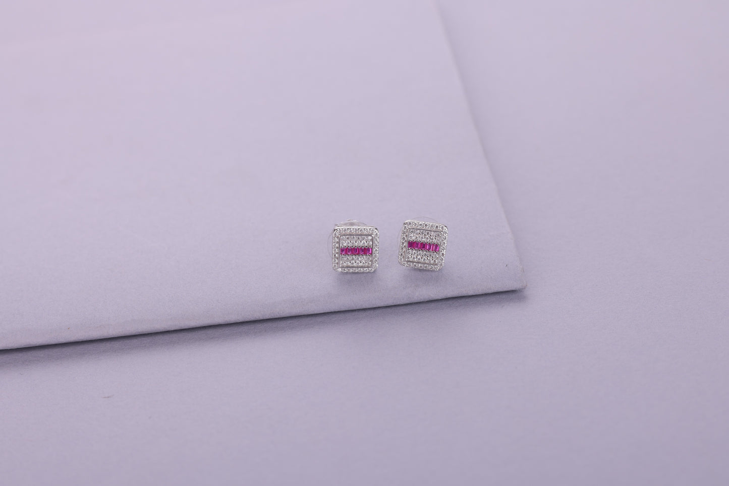 🏷️ 925 Sterling Silver 🪙 Square Stud Earrings with Pink Stone & Cubic Zircon Sparkle – Elegant Daily & Party Wear