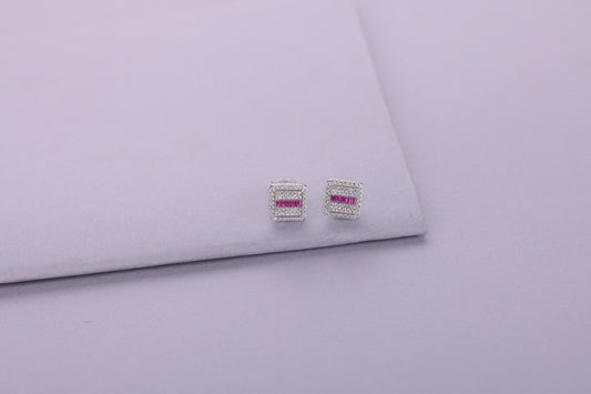 🏷️ 925 Sterling Silver 🪙 Square Stud Earrings with Pink Stone & Cubic Zircon Sparkle – Elegant Daily & Party Wear
