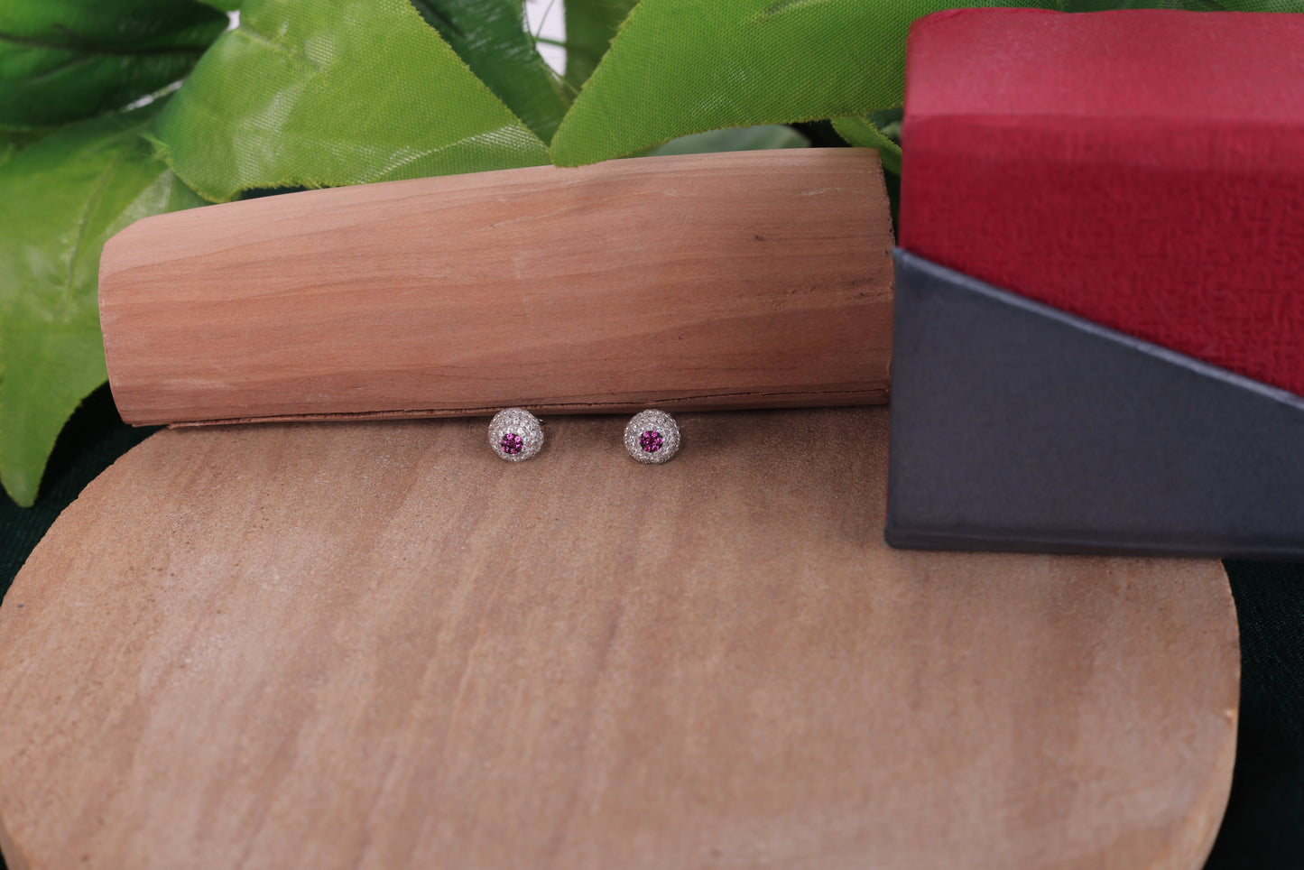 🏷️ 925 Sterling Silver Round Stud Earrings with Pink Gemstone & Cubic Zircon – Elegant Jewelry