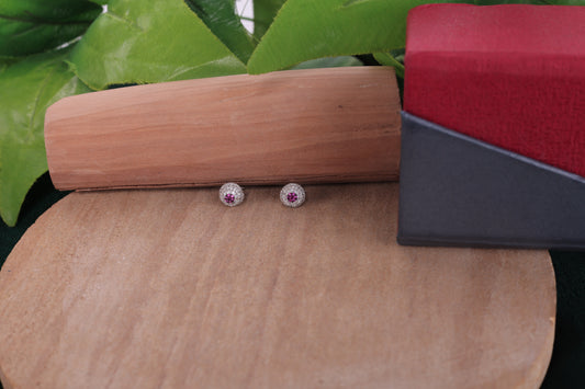 🏷️ 925 Sterling Silver Round Stud Earrings with Pink Gemstone & Cubic Zircon – Elegant Jewelry