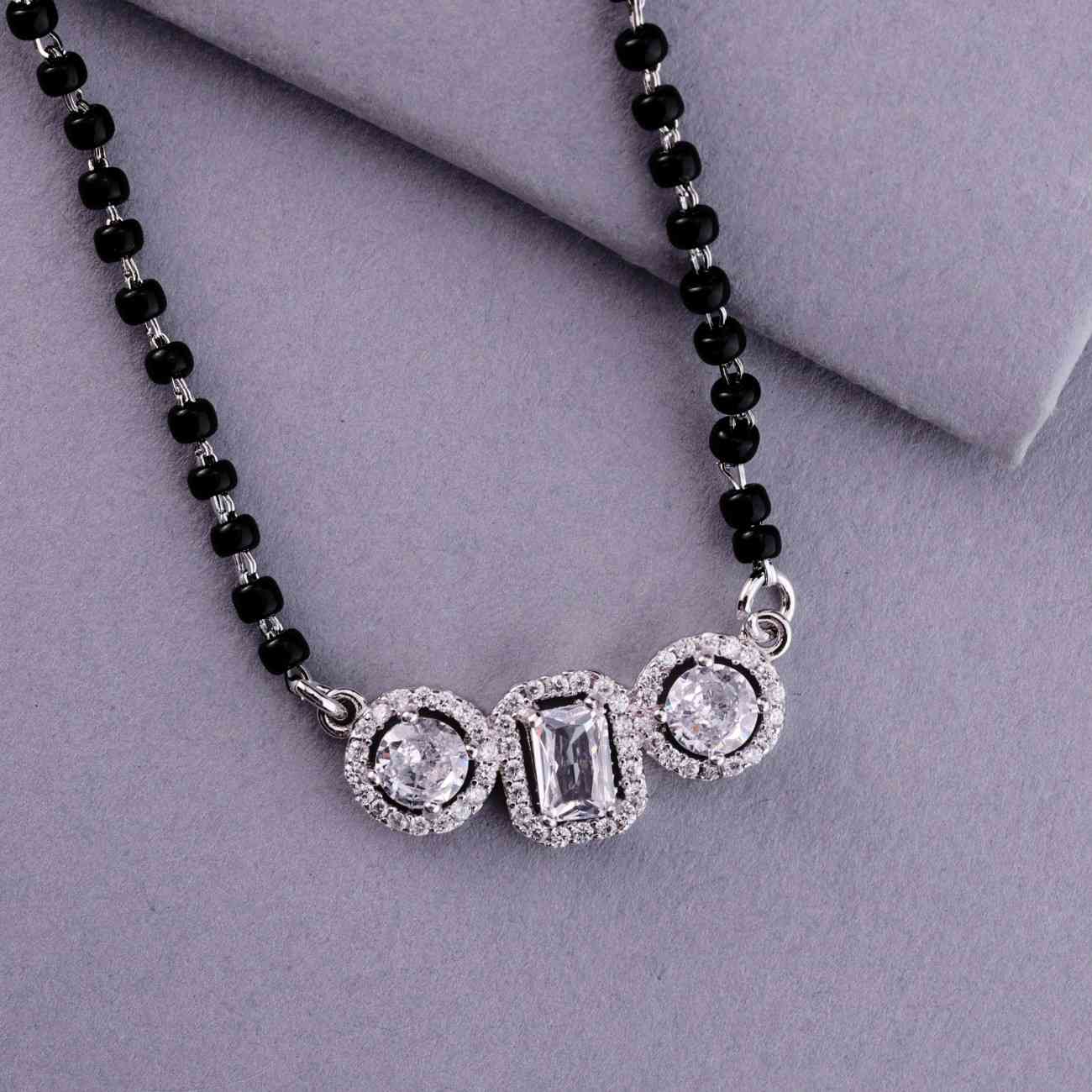 💍✨ 925 Sterling Silver Triple CZ Pendant Mangalsutra – ▭⚪ Rectangle & Round Design with 🖤 Black Beads for Women | 🌸 Elegant Everyday & Festive Jewelry