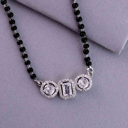 💍✨ 925 Sterling Silver Triple CZ Pendant Mangalsutra – ▭⚪ Rectangle & Round Design with 🖤 Black Beads for Women | 🌸 Elegant Everyday & Festive Jewelry