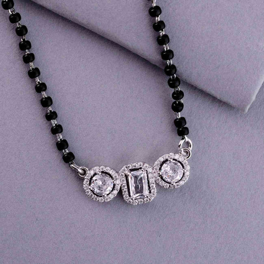 💍✨ 925 Sterling Silver Triple CZ Pendant Mangalsutra – ▭⚪ Rectangle & Round Design with 🖤 Black Beads for Women | 🌸 Elegant Everyday & Festive Jewelry