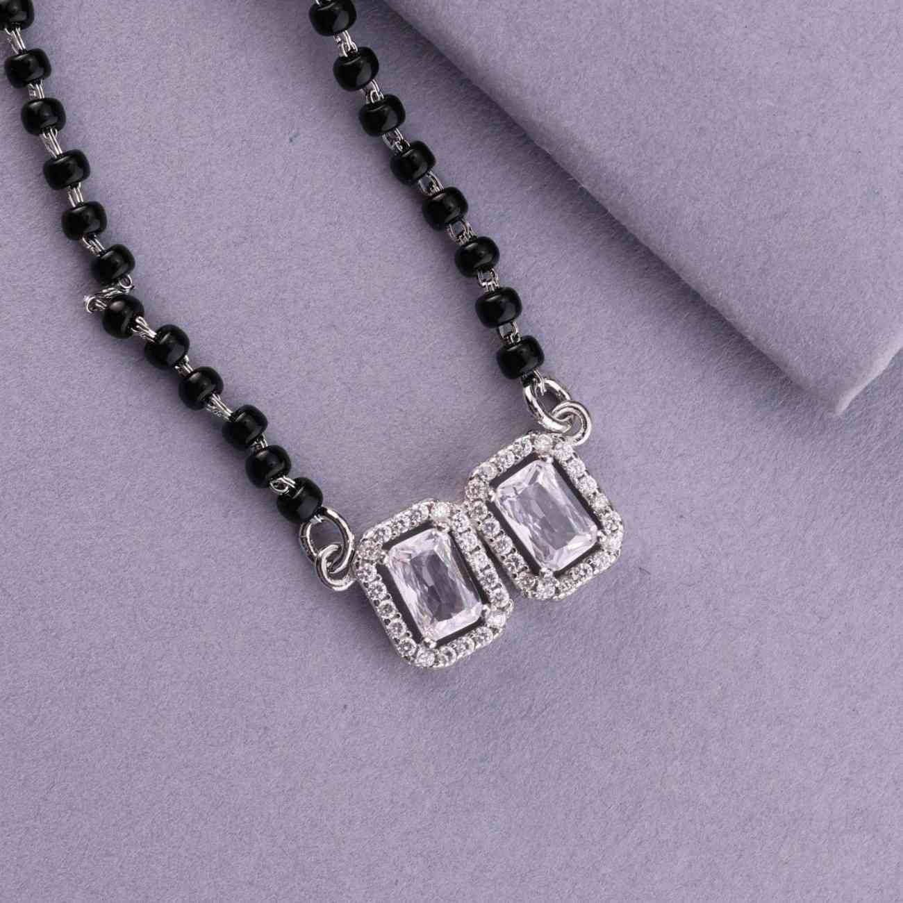 💎💍 925 Sterling Silver Dual Emerald-Cut CZ Pendant Mangalsutra – ✨ Elegant Halo Design with 🖤 Black Bead Chain | 🌸 Minimalist Ethnic Jewelry for Women