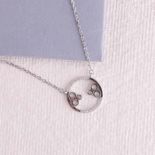 💎 925 Sterling Silver Abstract Circle Pendant Necklace for Women – CZ-Studded Minimalist Design – Elegant Rhodium-Plated Daily Wear Chain Jewelry