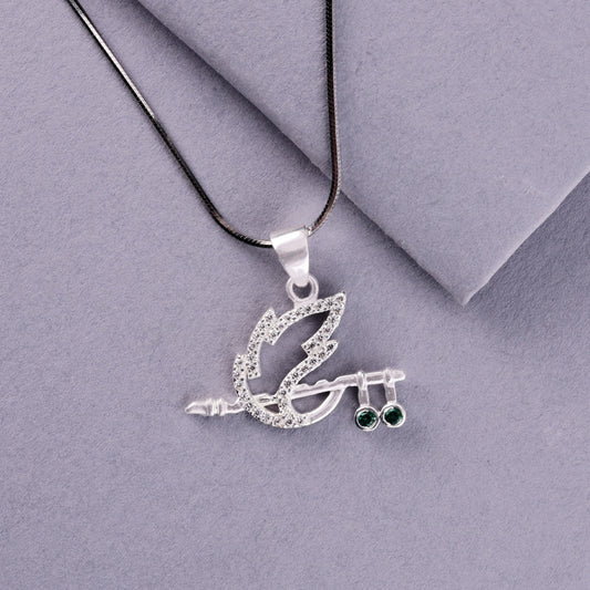 🦚925 Sterling Silver Flute Leaf Pendant for Men & Women | Bansuri-Inspired Krishna Symbol Pendant with Green CZ Accents | Lightweight Daily Wear Jewelry
