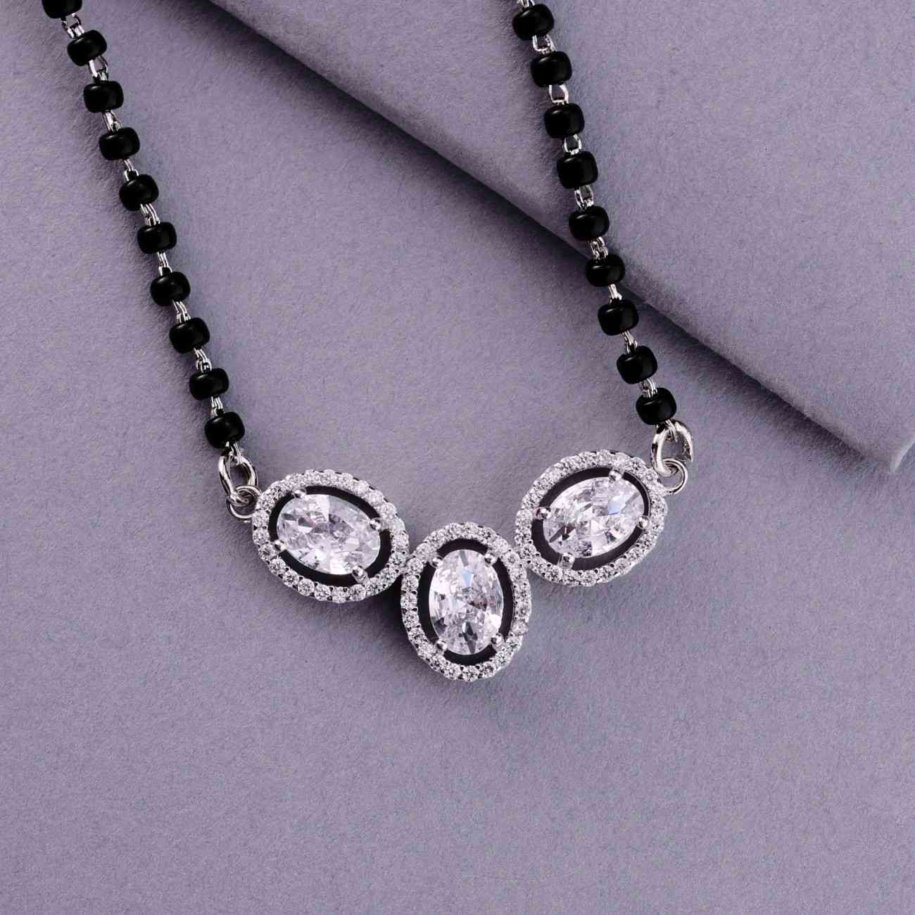 💍✨ 925 Sterling Silver Oval Triple Pendant Mangalsutra – 🔹💎 Sparkling CZ Halo Design with 🖤 Black Bead Chain for Women | 🌸 Elegant Daily & Festive Jewelry