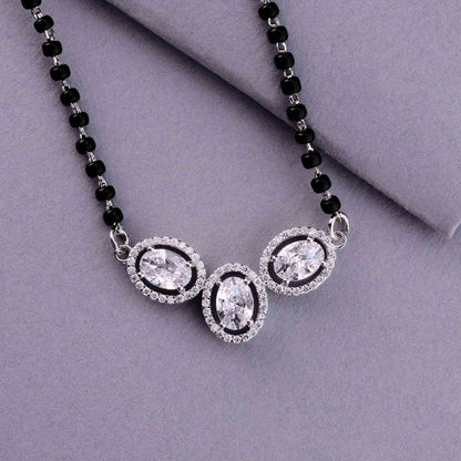 💍✨ 925 Sterling Silver Oval Triple Pendant Mangalsutra – 🔹💎 Sparkling CZ Halo Design with 🖤 Black Bead Chain for Women | 🌸 Elegant Daily & Festive Jewelry
