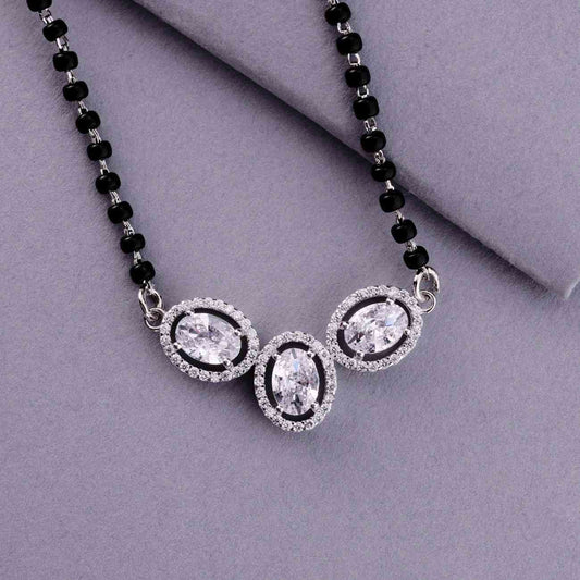 💍✨ 925 Sterling Silver Oval Triple Pendant Mangalsutra – 🔹💎 Sparkling CZ Halo Design with 🖤 Black Bead Chain for Women | 🌸 Elegant Daily & Festive Jewelry