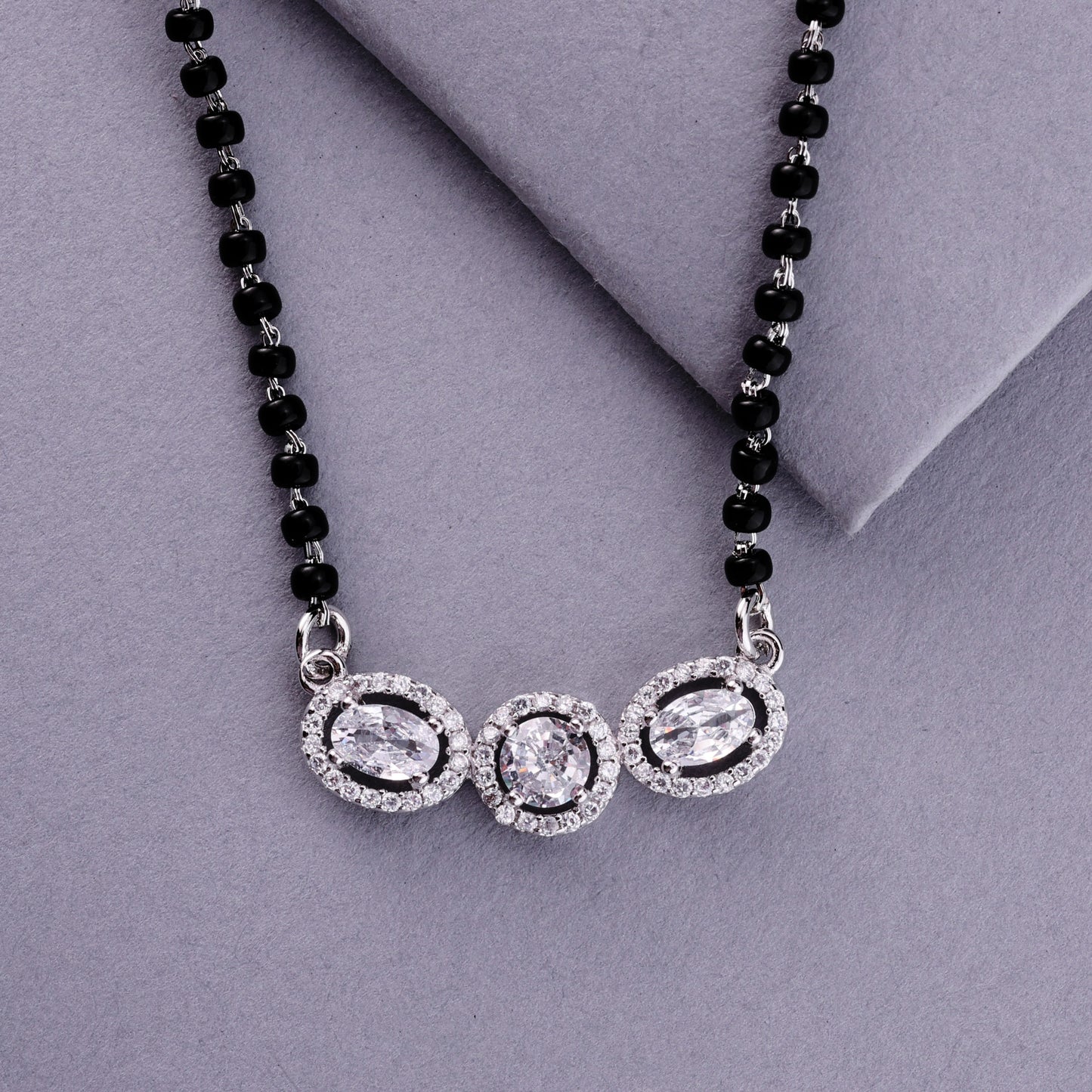 💍✨ 925 Sterling Silver Mangalsutra with Trio Oval CZ Pendants – ❤️ Elegant Daily Wear Symbol of Love for Married Women