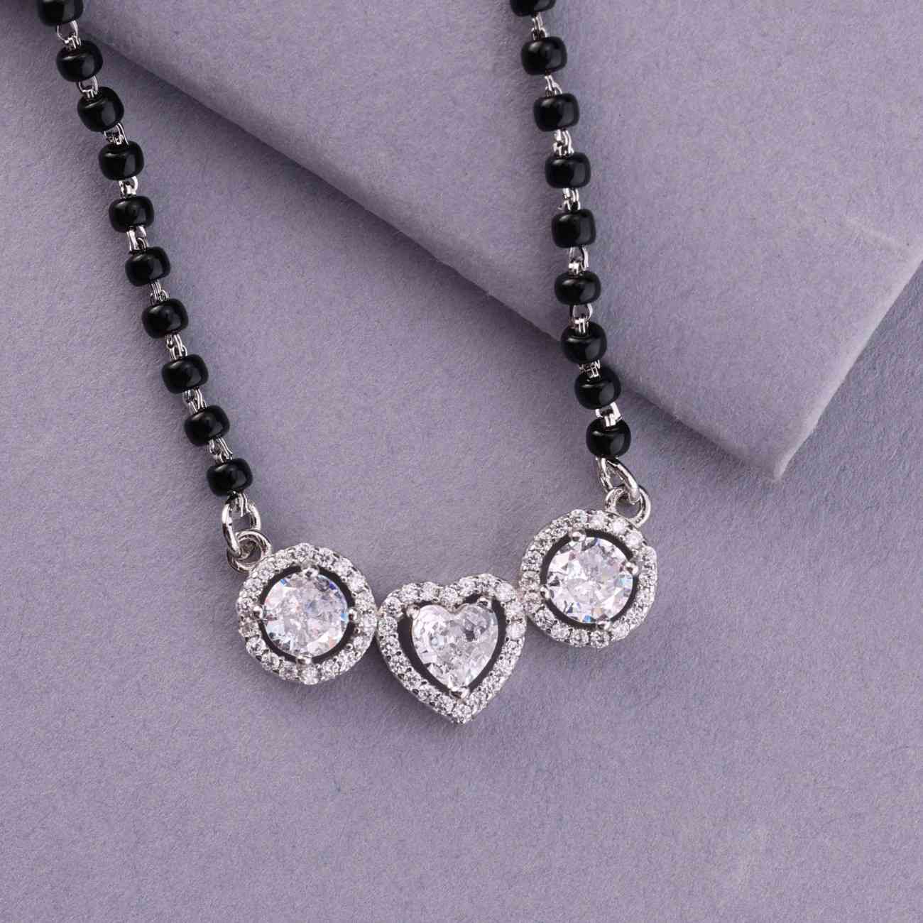 💖💍 925 Sterling Silver Heart-Center Triple CZ Pendant Mangalsutra – ✨ Elegant Halo Design with 🖤 Black Beads for Women | 🌸 Festive & Everyday Jewelry