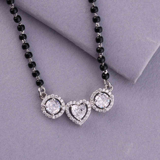 💖💍 925 Sterling Silver Heart-Center Triple CZ Pendant Mangalsutra – ✨ Elegant Halo Design with 🖤 Black Beads for Women | 🌸 Festive & Everyday Jewelry