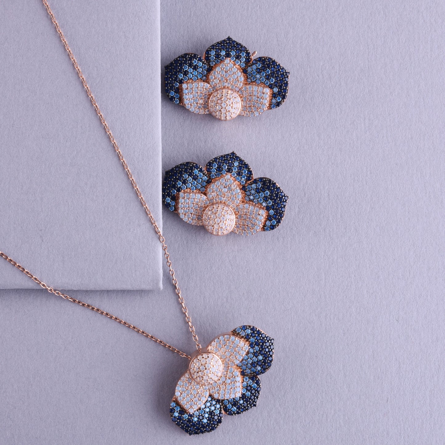 ✨ 925 Sterling Silver Floral Pendant Set with Earrings – Rose Gold Finish with Blue & White CZ – Elegant Daily & Occasion Wear Jewelry for Women