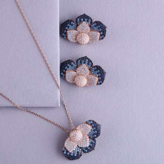✨ 925 Sterling Silver Floral Pendant Set with Earrings – Rose Gold Finish with Blue & White CZ – Elegant Daily & Occasion Wear Jewelry for Women
