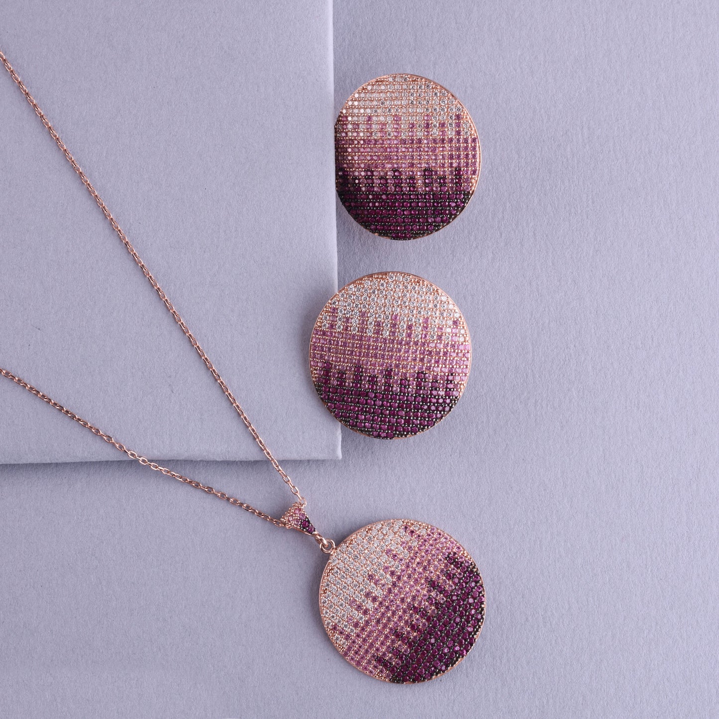 ✨ 925 Sterling Silver Round Pendant & Earrings Set ✨ 🌹 Rose Gold Finish | Gradient Pink & White CZ | Elegant Party Wear Jewelry