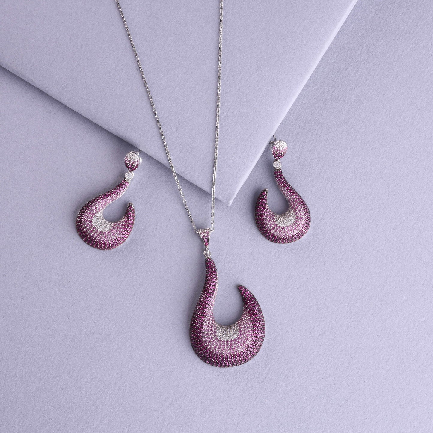 ✨ 925 Sterling Silver Pendant & Earrings Set ✨ 💖 Teardrop Swirl Design | Pink & White CZ | Rhodium Plated | Elegant Party Wear