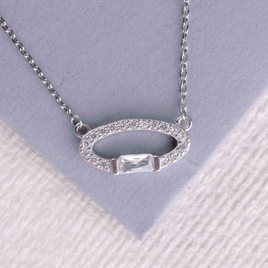 💎 925 Sterling Silver Oval Pendant Necklace for Women – Sleek Minimalist Design with Baguette CZ – Elegant Daily Wear Chain in Rhodium Plating